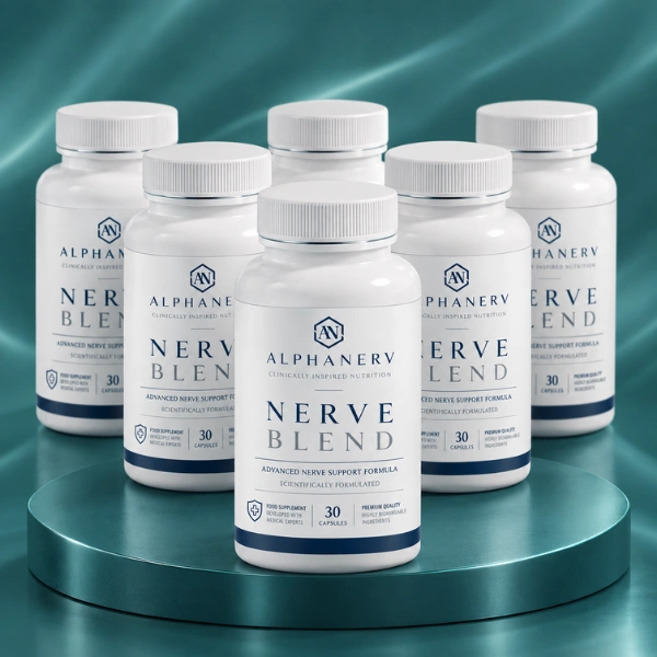 Multiple Alphanerv bottles displayed on a teal platform